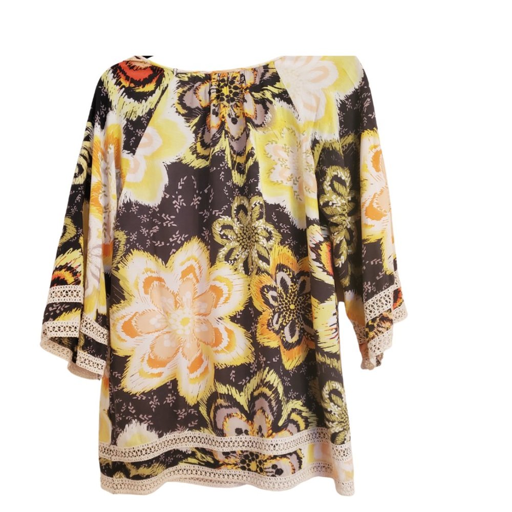 Hannah Boho Floral Bell 3/4 Sleeve Blouse Tunic Crochet Lace Trim Sz Small - Picture 3 of 7